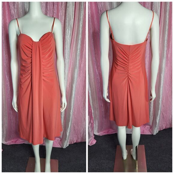 Bisou Bisou Dark Peach Lined Rouched Padded Bra Cocktail Midi Dress size 10 - Picture 1 of 14